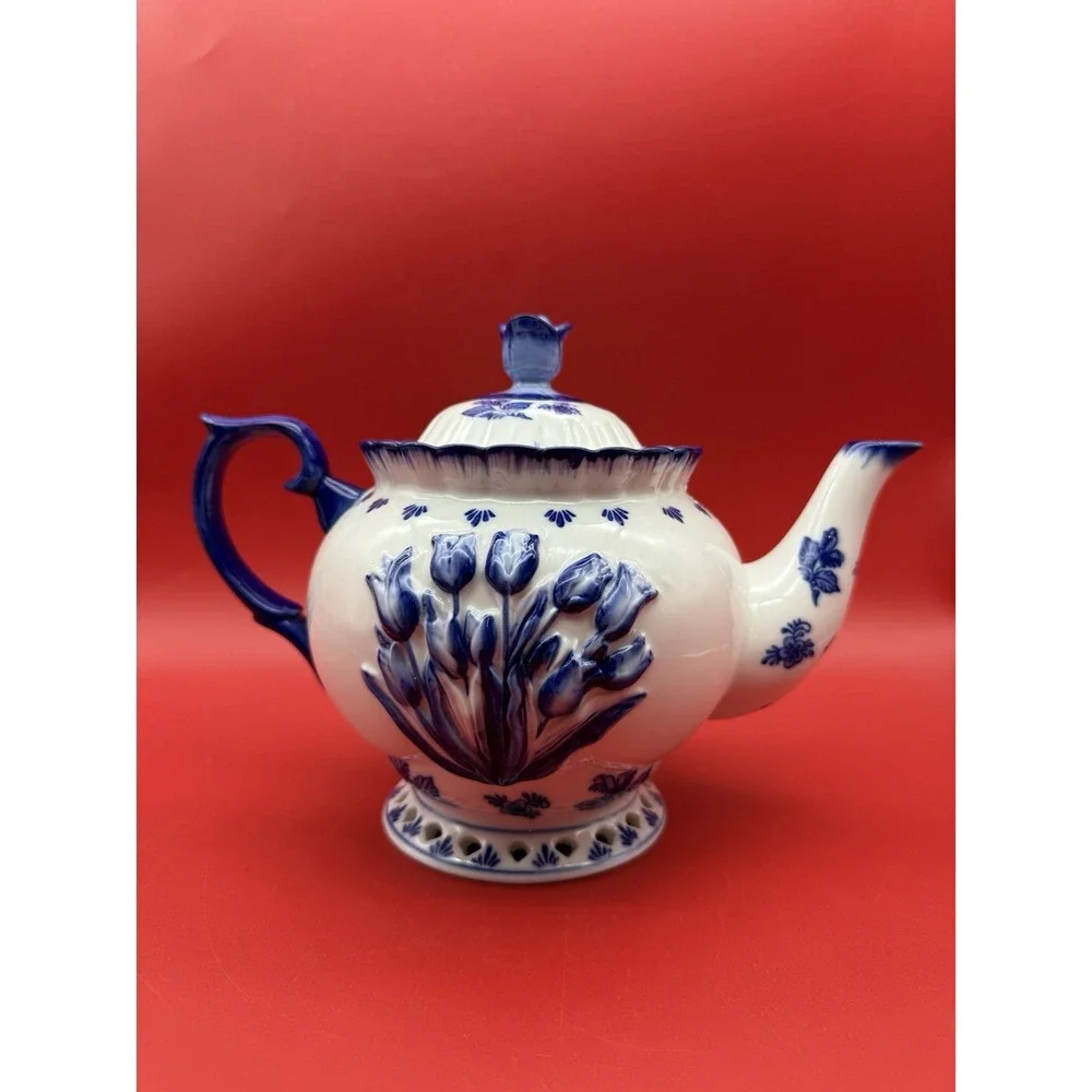 Vintage Delft Blue Teapot Raised Tulips Holland Hand Painted
